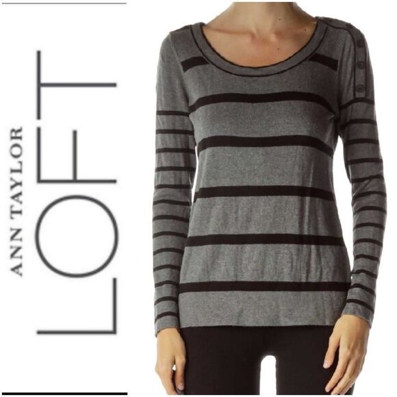 LOFT Gray & Black Striped Crew Neck Sweater Pullover Lightweight Knit Small - Picture 9 of 9